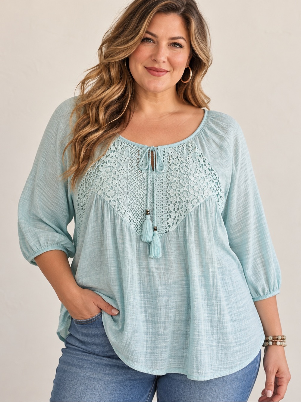 Faded Glory Aqua Crochet Lace Boho Peasant Top